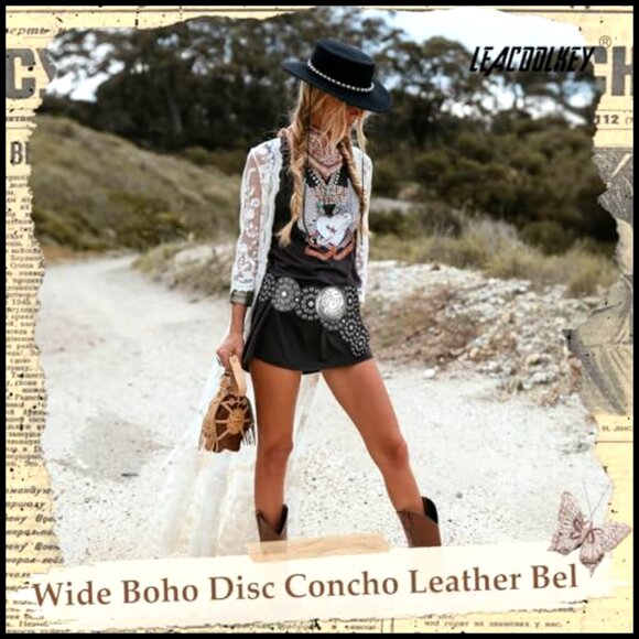 Western Boho Leather Waist Belt Vintage Disc Conch Buckle Adjustable main image 7